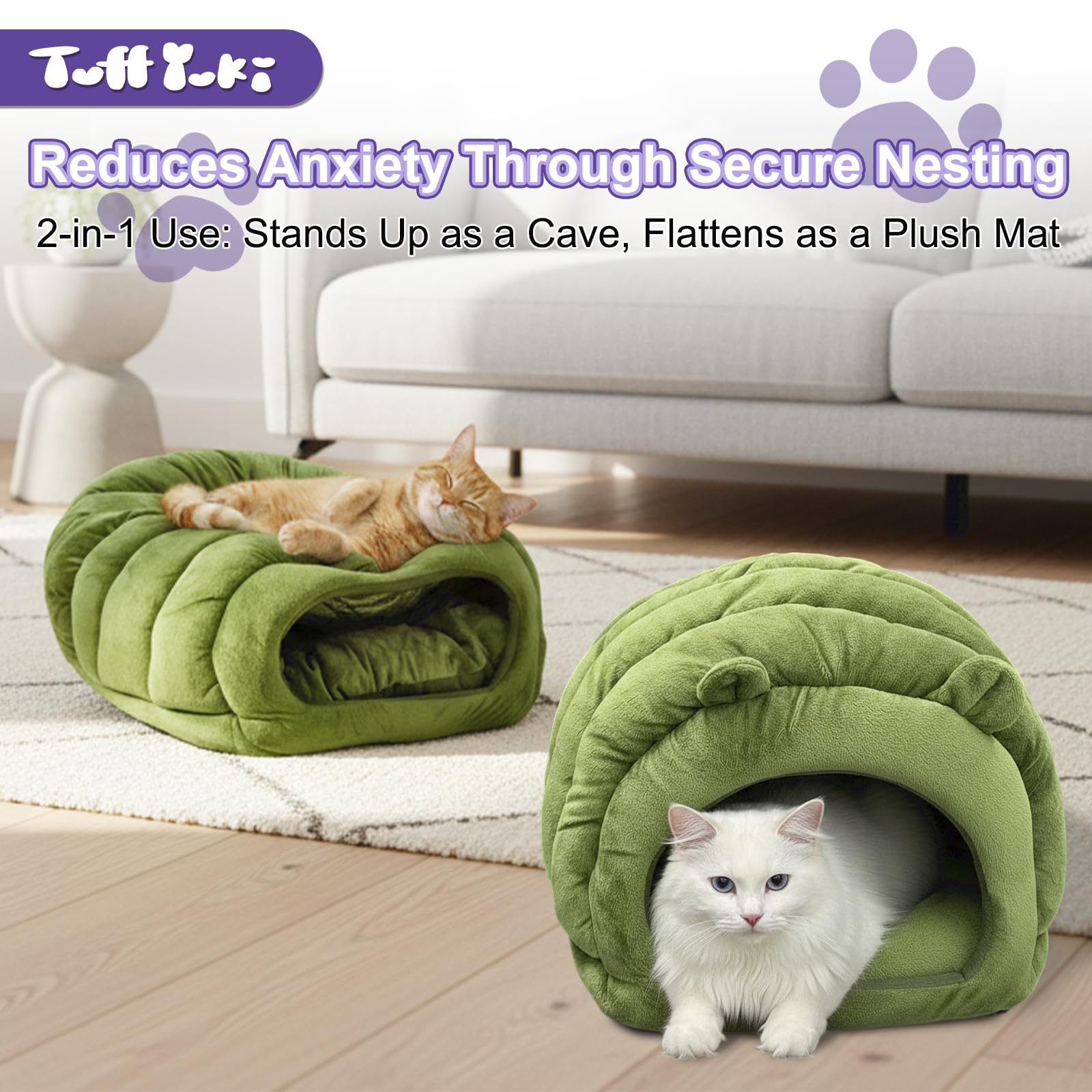 TUFFYUKI Luxe Green Jumbo Caterpillar Cat Cave interior highlights plush fleece warmth for kneading sessions.