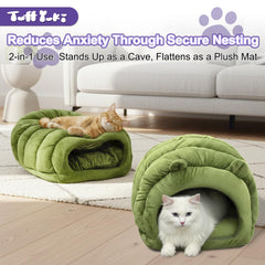 TUFFYUKI Luxe Green Jumbo Caterpillar Cat Cave interior highlights plush fleece warmth for kneading sessions.
