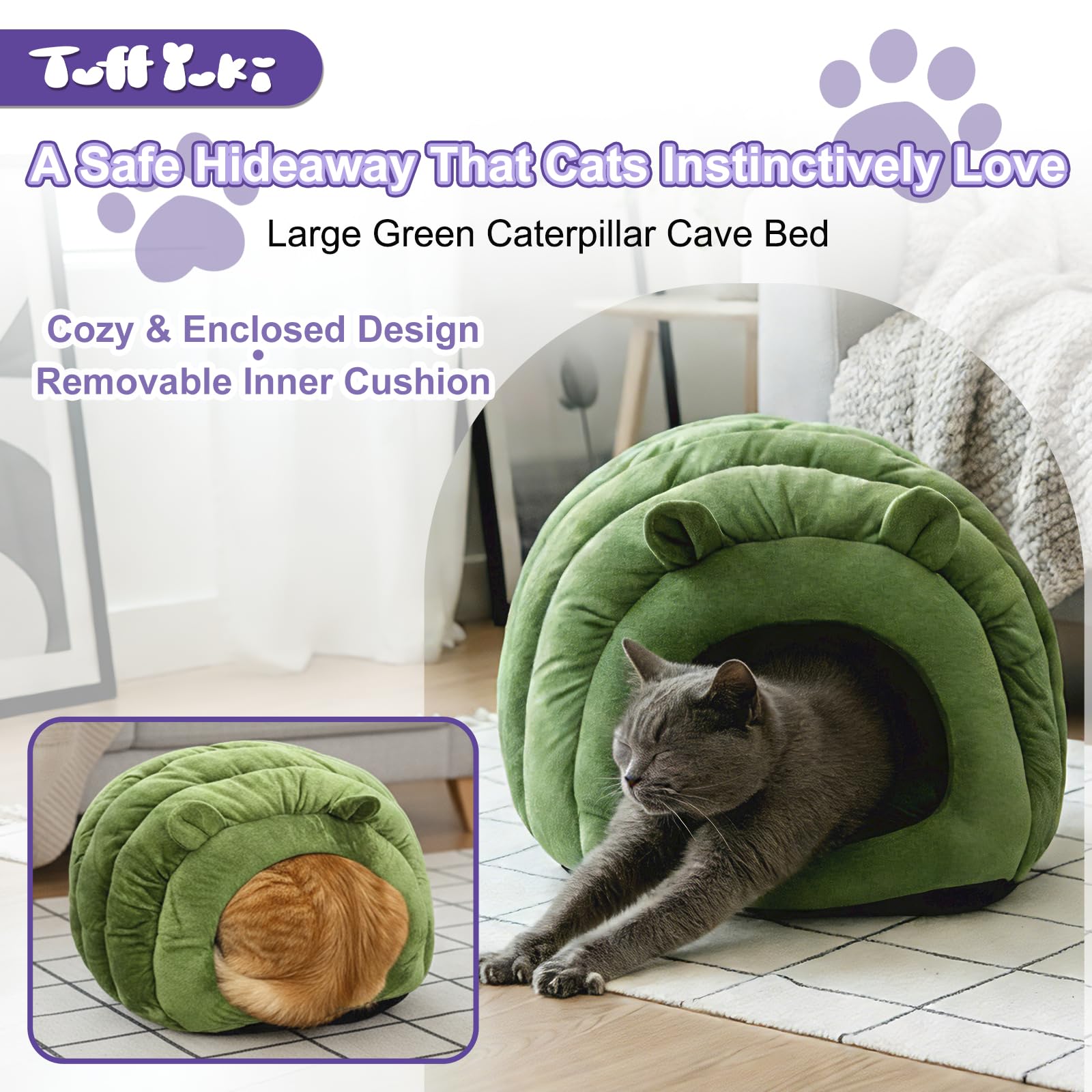 TUFFYUKI Luxe Green Jumbo Caterpillar Cat Cave memory foam base supports joints with gentle contouring.