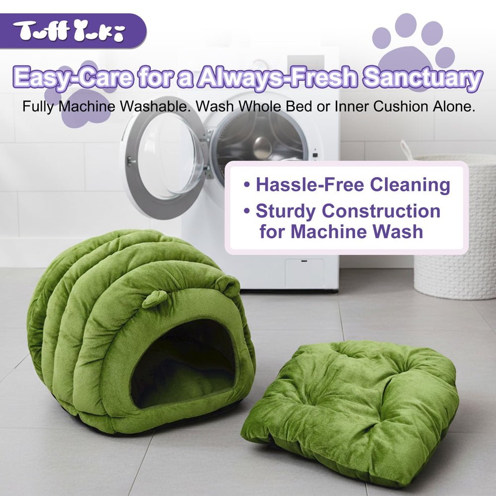 TUFFYUKI Luxe Green Jumbo Caterpillar Cat Cave plush fleece texture invites cozy naps.