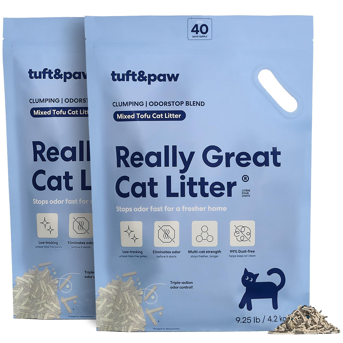 Tuft & Paw OdorStop tofu litter package shot showing flushable disposal.
