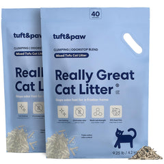 Tuft & Paw OdorStop tofu litter package shot showing flushable disposal.