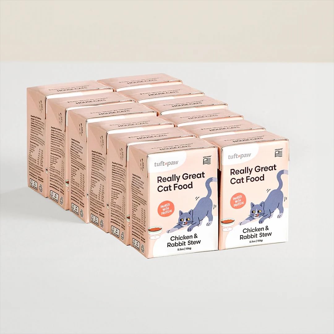 TUFT + PAW Really Great Cat Food can of chicken-rabbit stew highlighting high protein