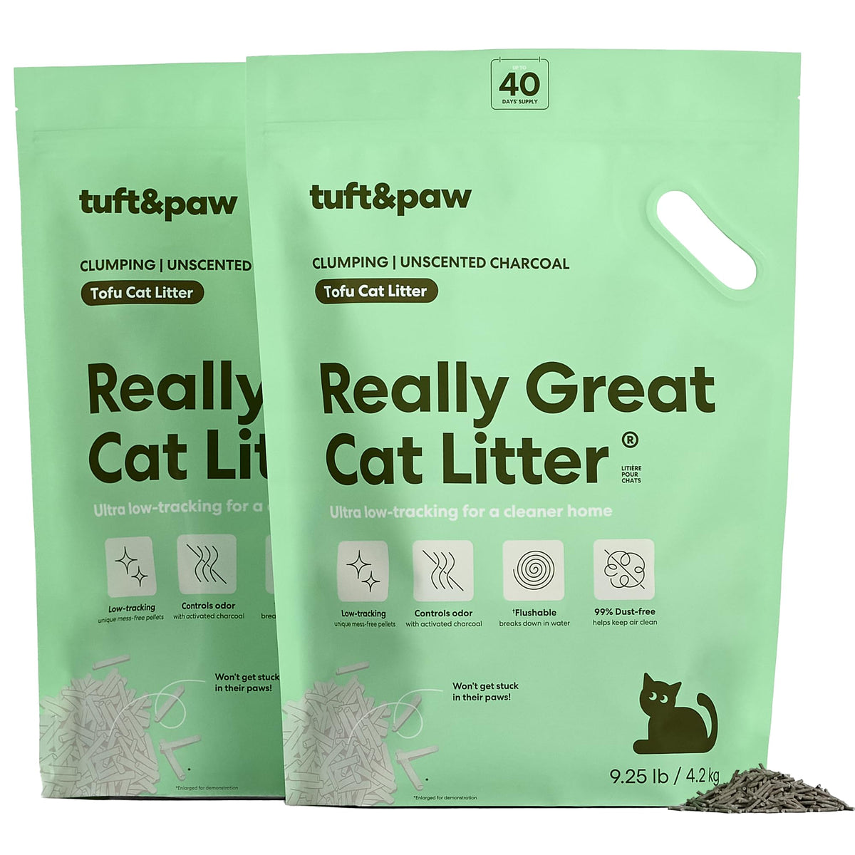 Tuft & Paw Really Great Cat Litter packaging shows charcoal for odor control.