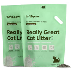 Tuft & Paw Really Great Cat Litter packaging shows charcoal for odor control.