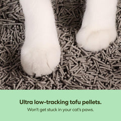 Tuft & Paw tofu cat litter pellets close-up highlighting dust-free texture and quick clumping.