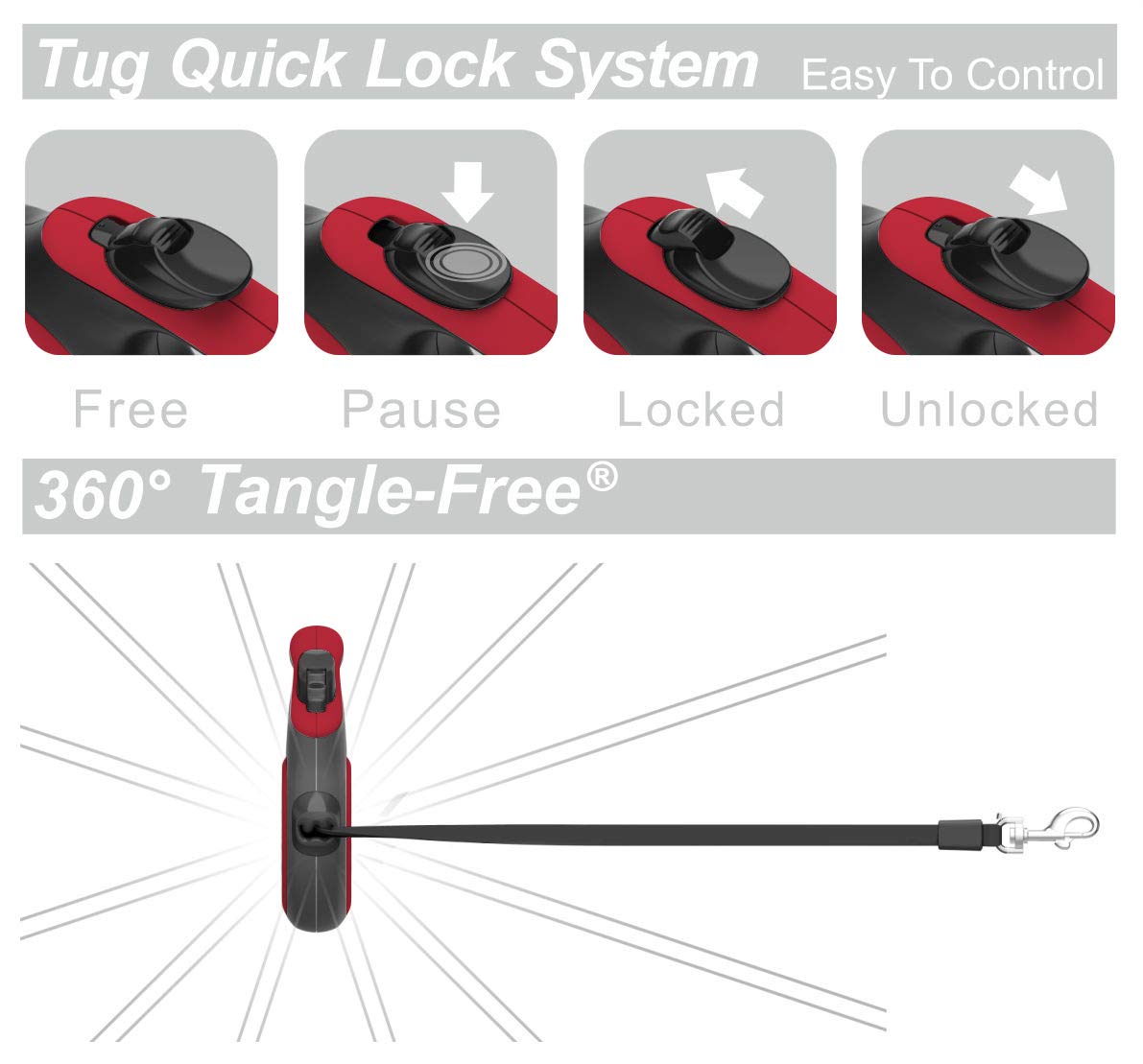 TUG red badge on leash for visibility and sizing cues