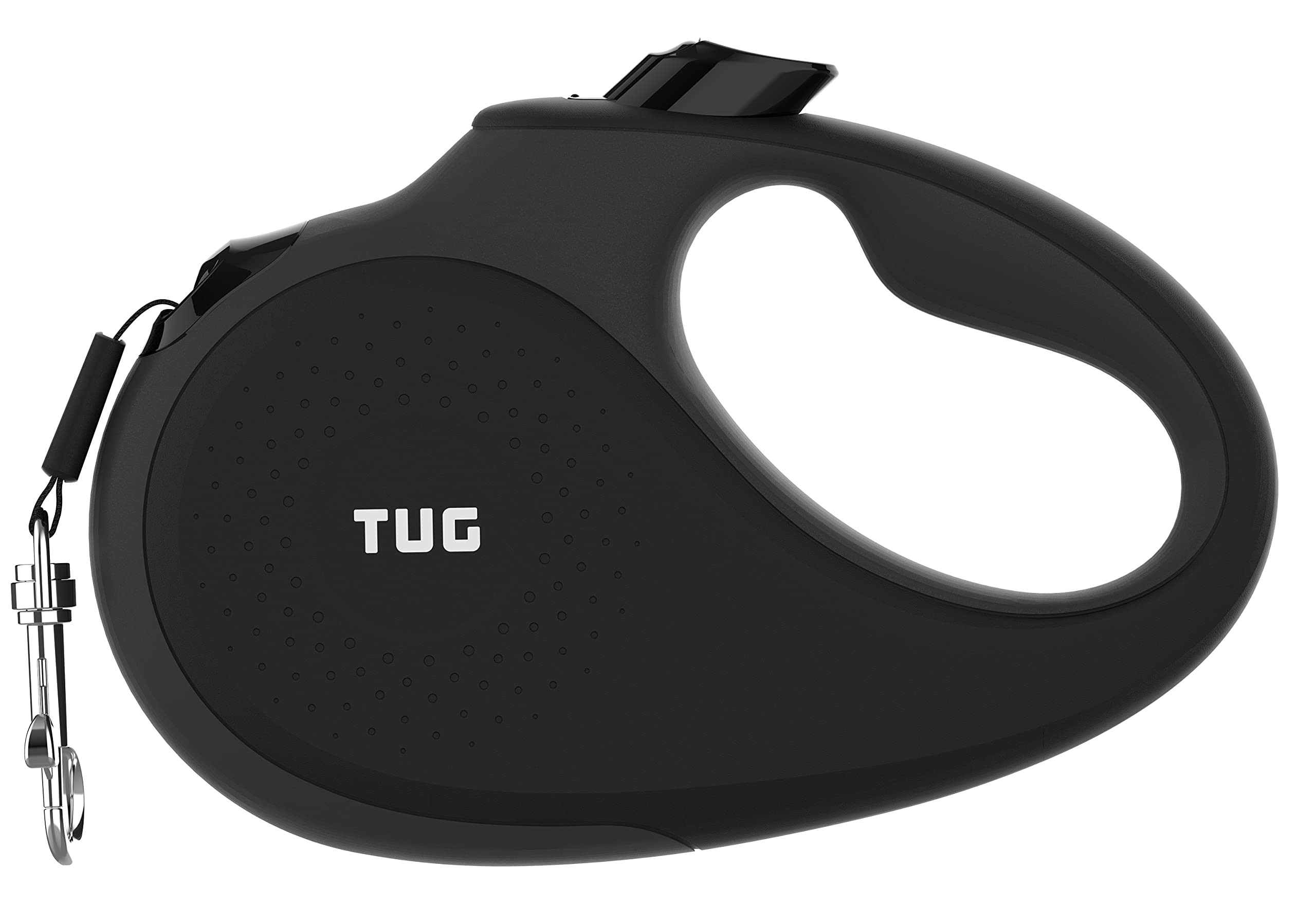TUG 360-degree tangle-free retractable leash in black and grey, smooth movement for effortless walks.
