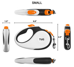 TUG 360° leash showing 16 ft tape for flexible reach during walks.