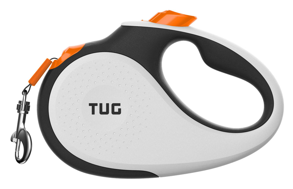 TUG 360° retractable leash for small dogs with secure control in white and orange.