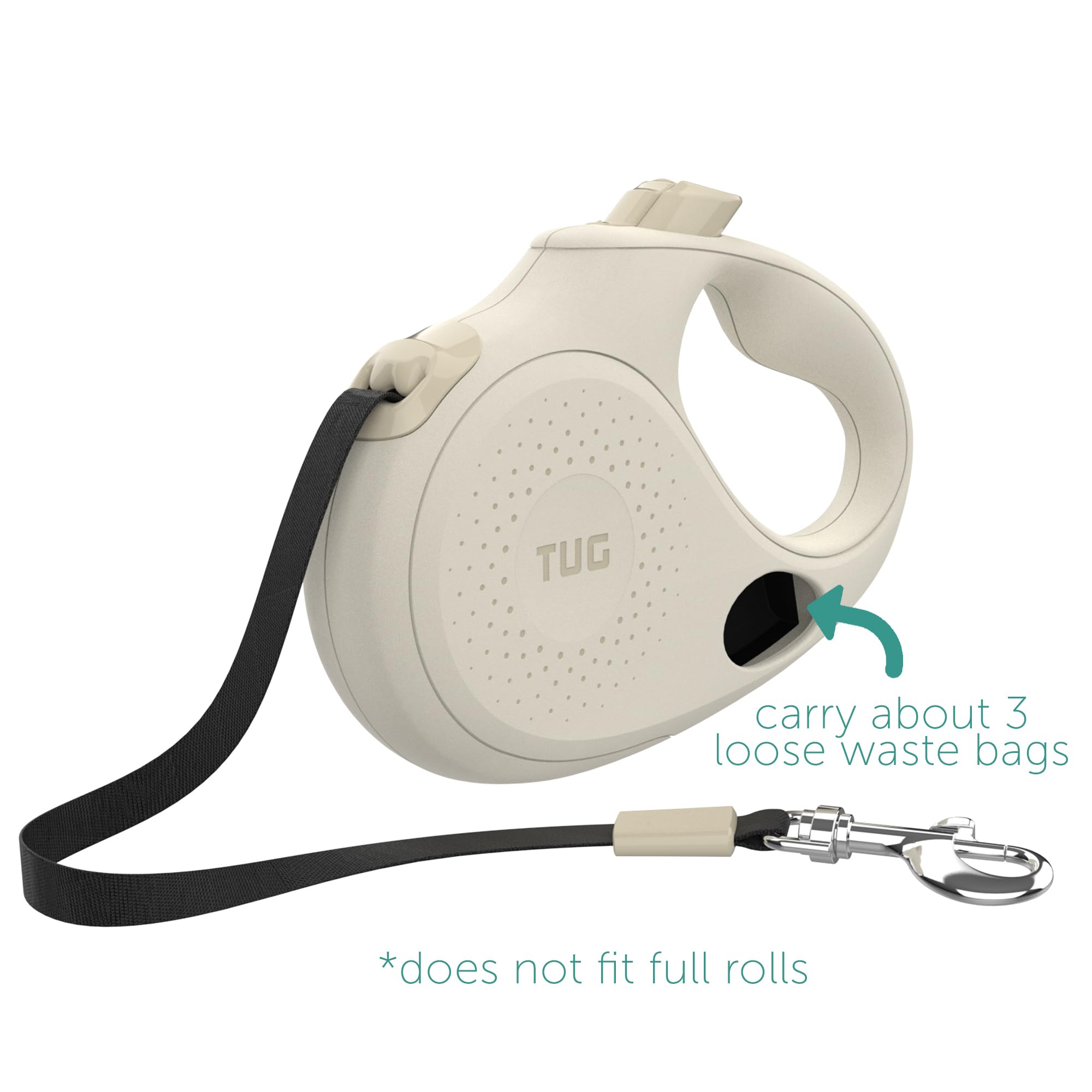 TUG Oval leash with integrated bag dispenser keeps bags within easy reach during strolls.