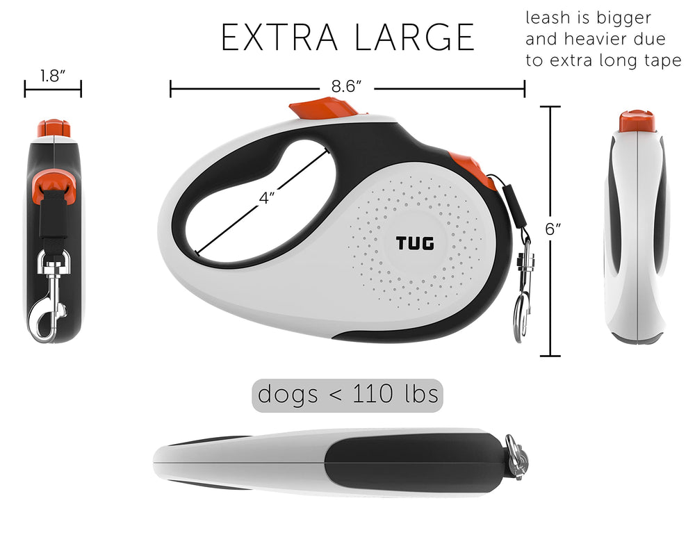 26 ft nylon tape extends reach while keeping control on strolls.