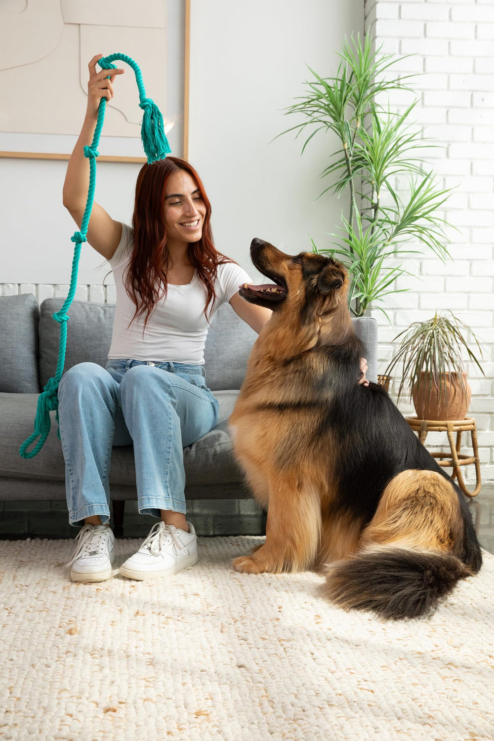 Tumbo Tough Tug Rope Dog Toy hangs on Solo Slinger Zipline for extra challenge.