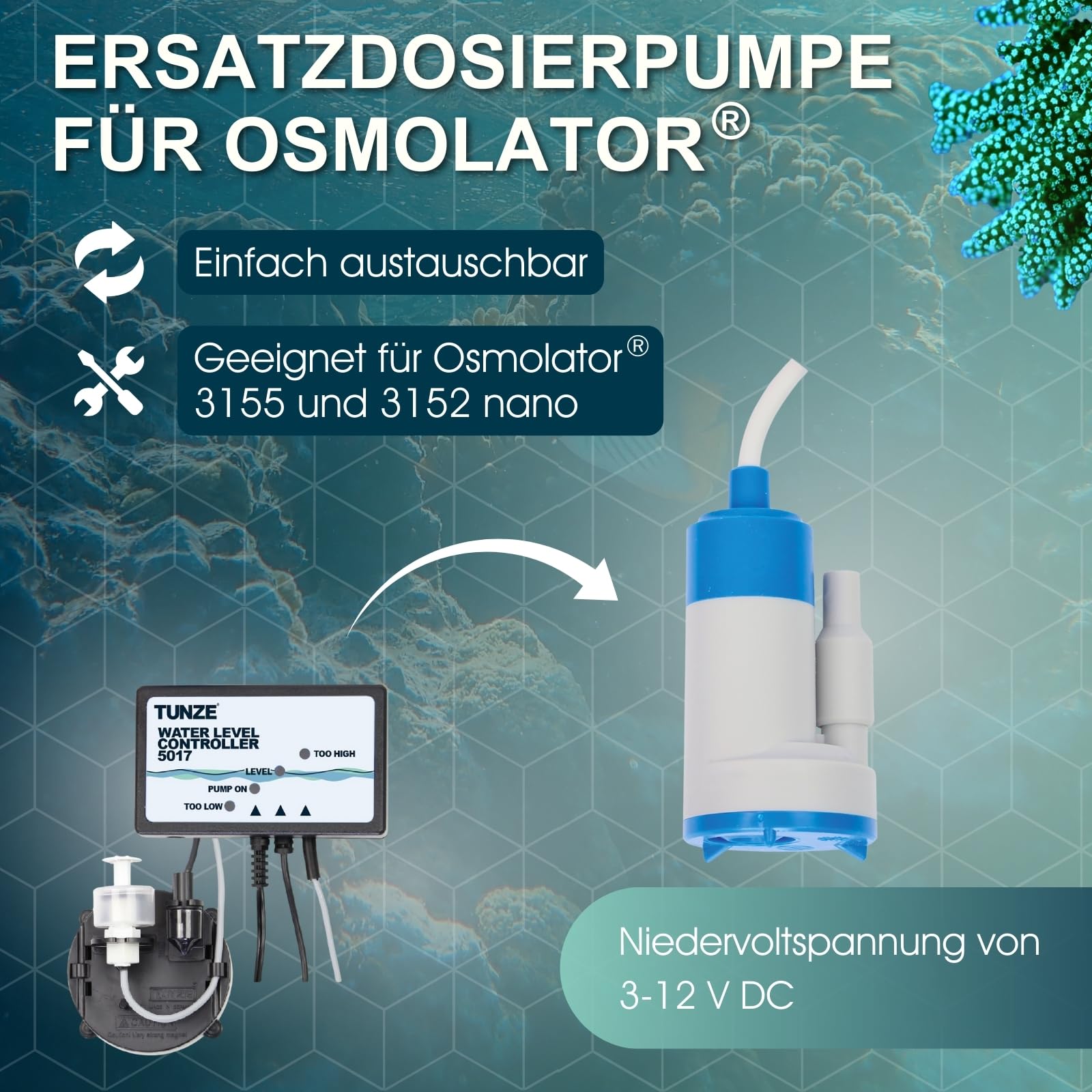 Tunze Osmolator replacement stand pipe shows compact vertical design for tight spaces.