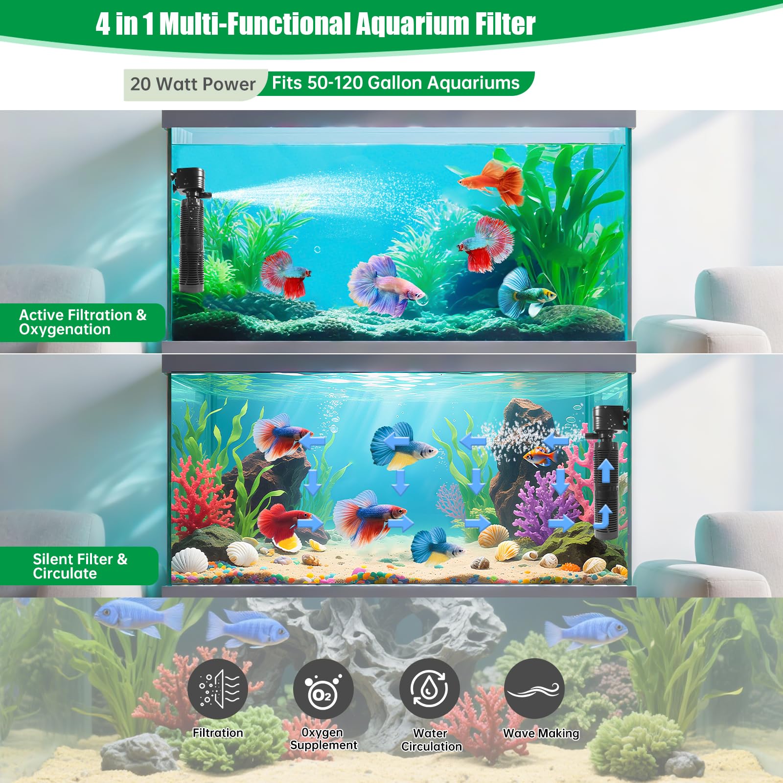 Low-noise operation with anti-vibration suction cups for quiet aquarium use