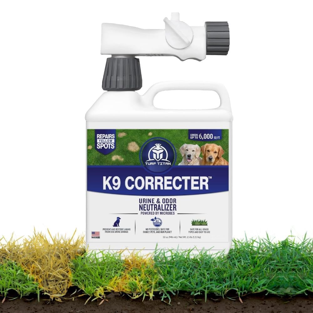 Turf Titan K9 Correcter bottle on lawn ready for urine neutralization and soil health support.