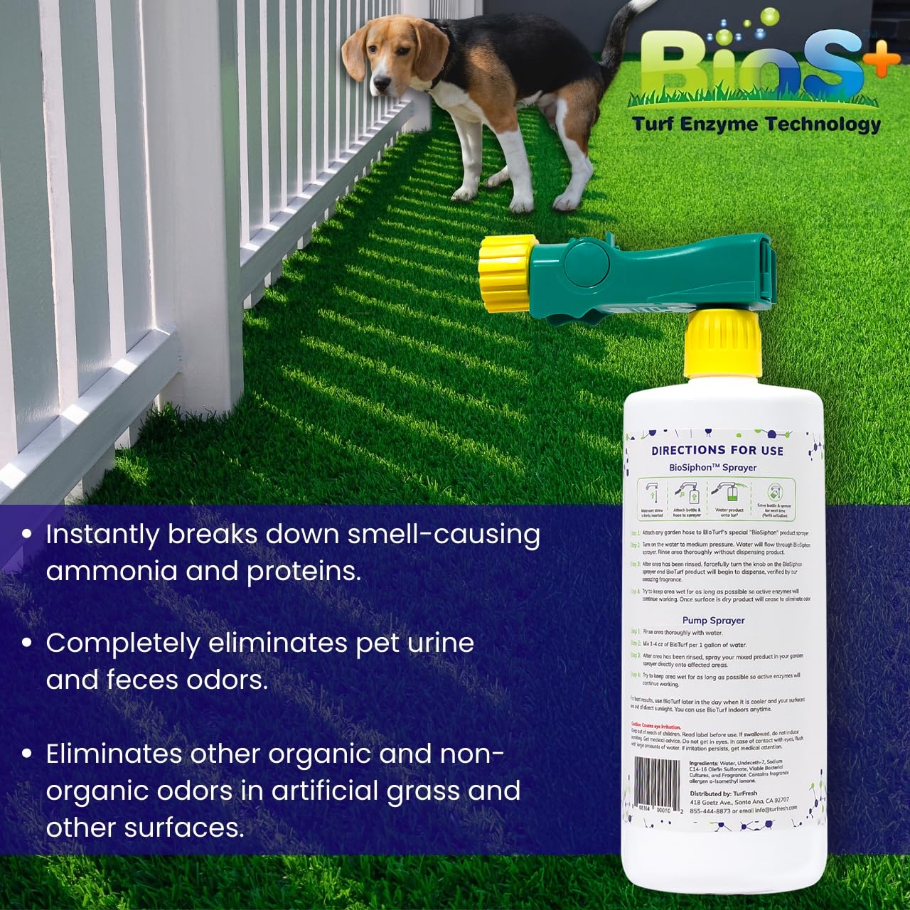 Applying BioS+ spray on turf to neutralize pet urine odors