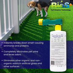 Applying BioS+ spray on turf to neutralize pet urine odors