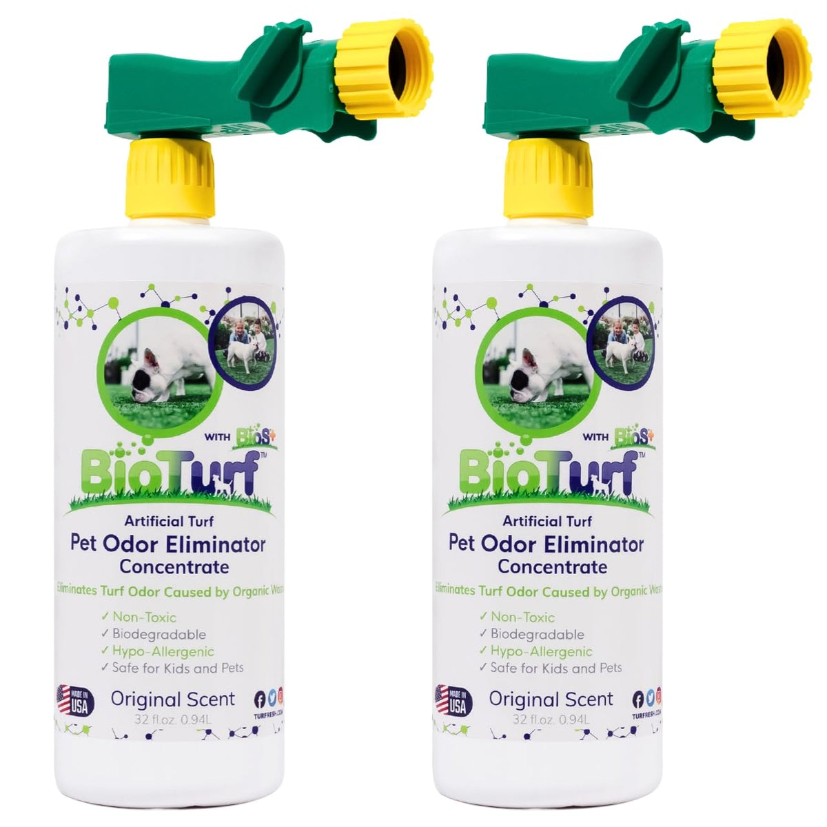 TurFresh BioS+ turf cleaner bottle front for outdoor odor control