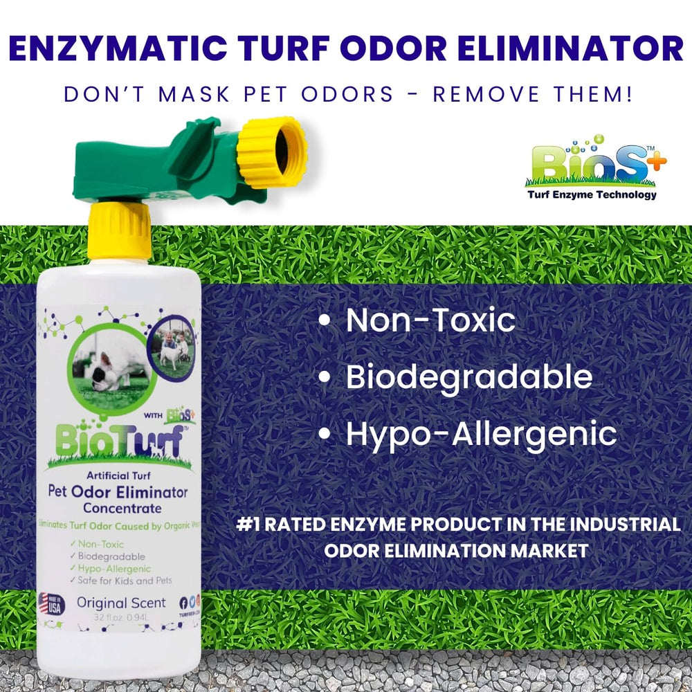 TurFresh BioS+ bottle label close-up highlighting enzymatic odor elimination