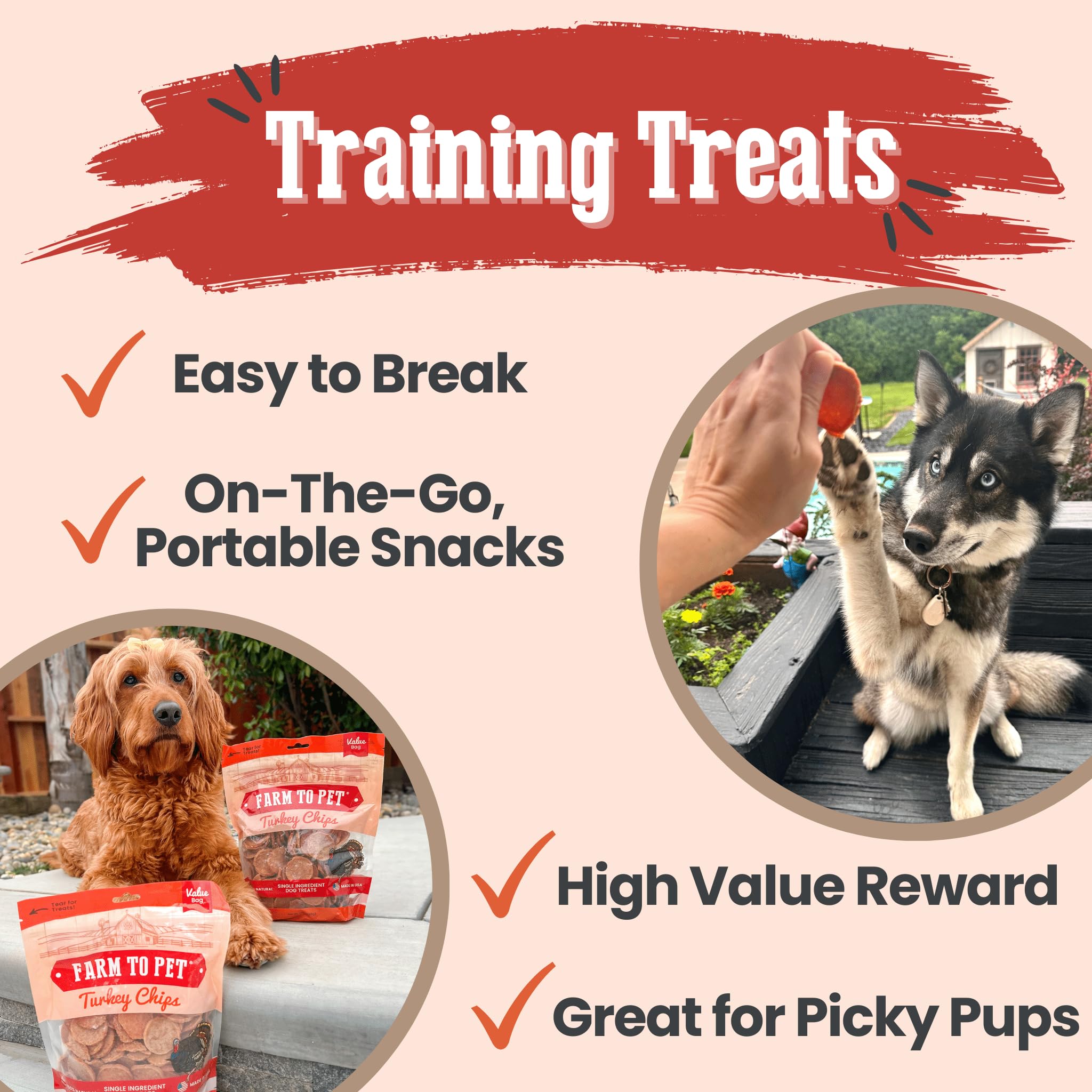 Turkey chips dog treats break apart for easy puppy training sessions.