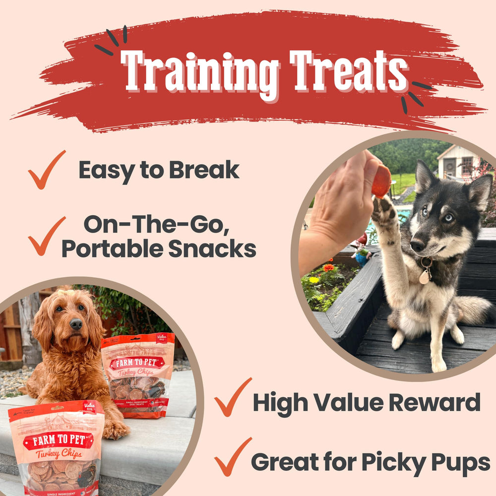 Turkey chips dog treats break apart for easy puppy training sessions.