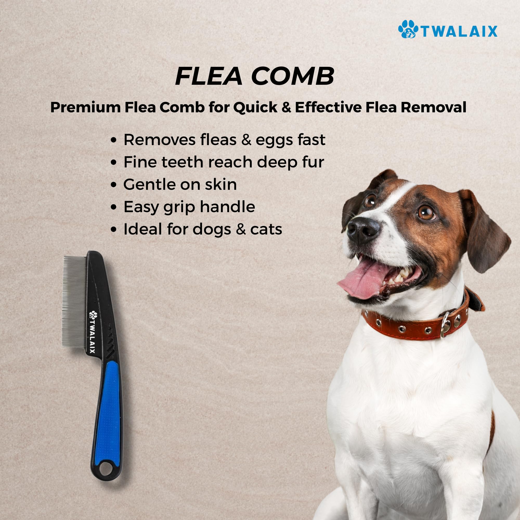 TWALAIX flea comb for fine grooming and debris removal between baths.