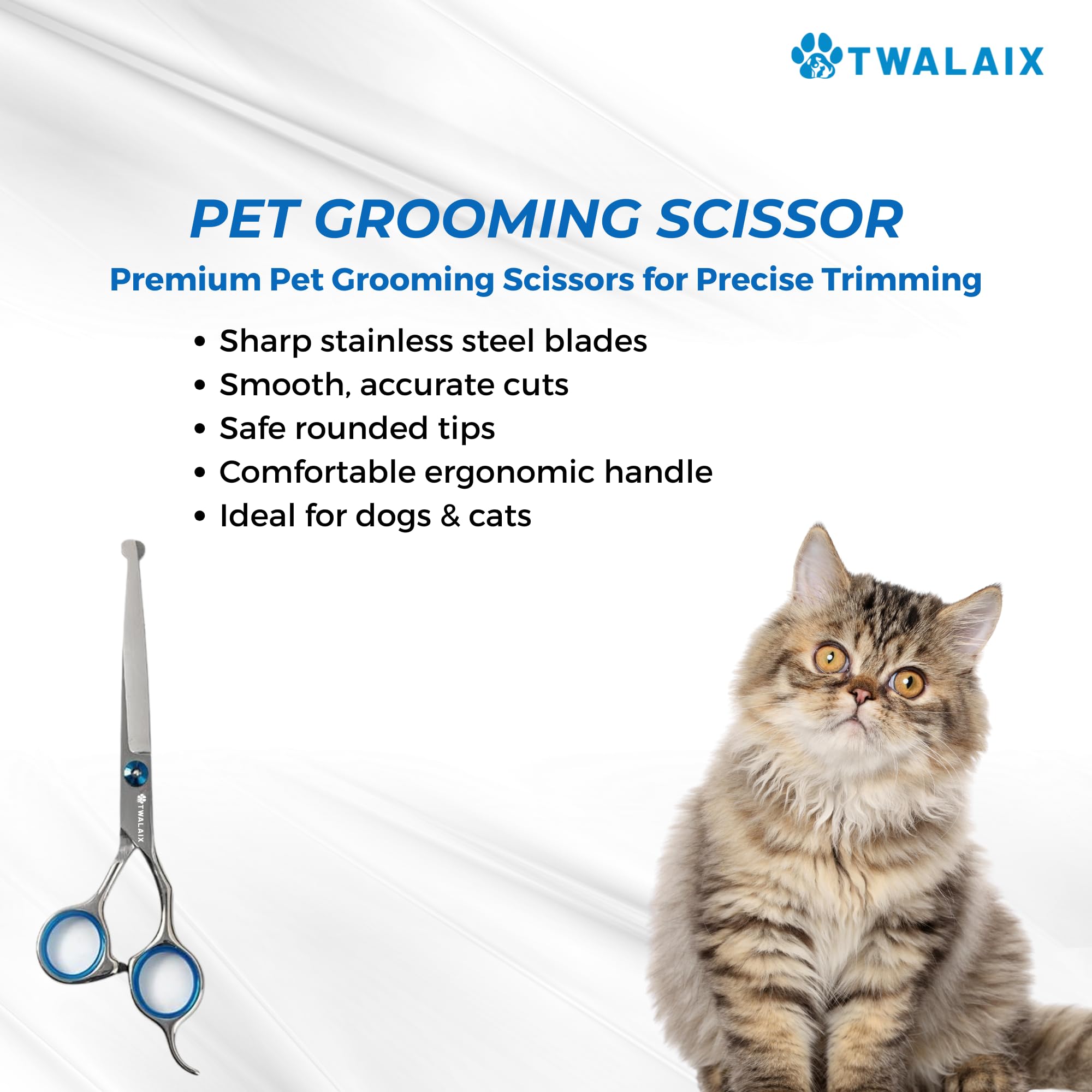 TWALAIX grooming scissors for careful trimming around paws and face.