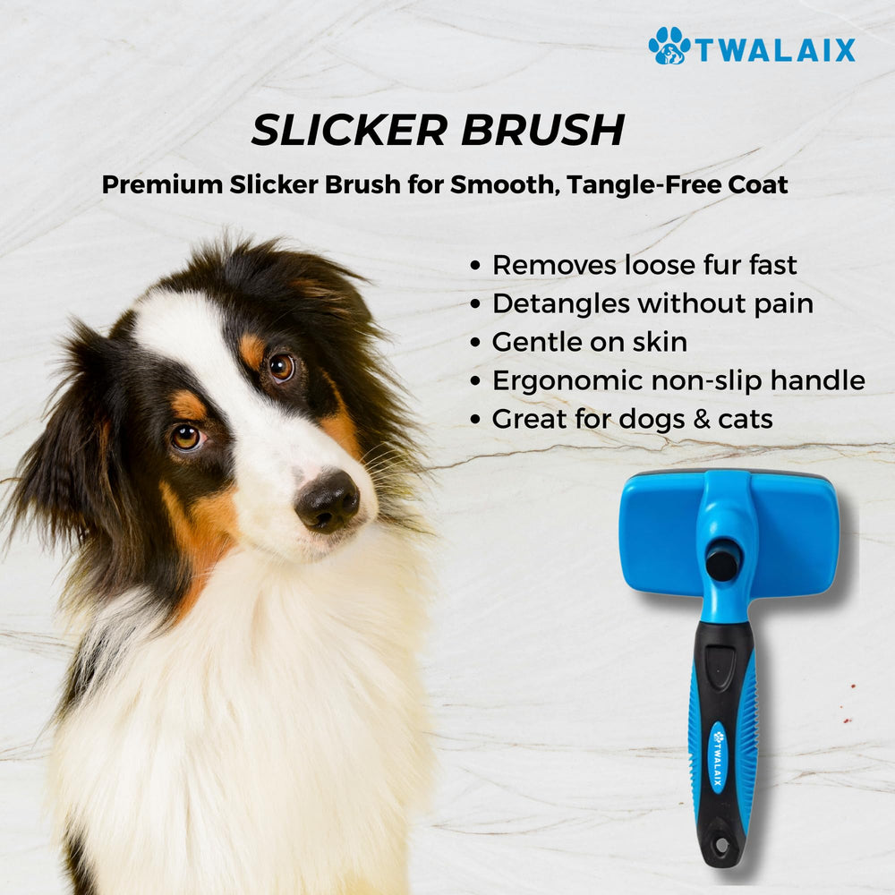 TWALAIX undercoat rake helps manage double coats without pulling.