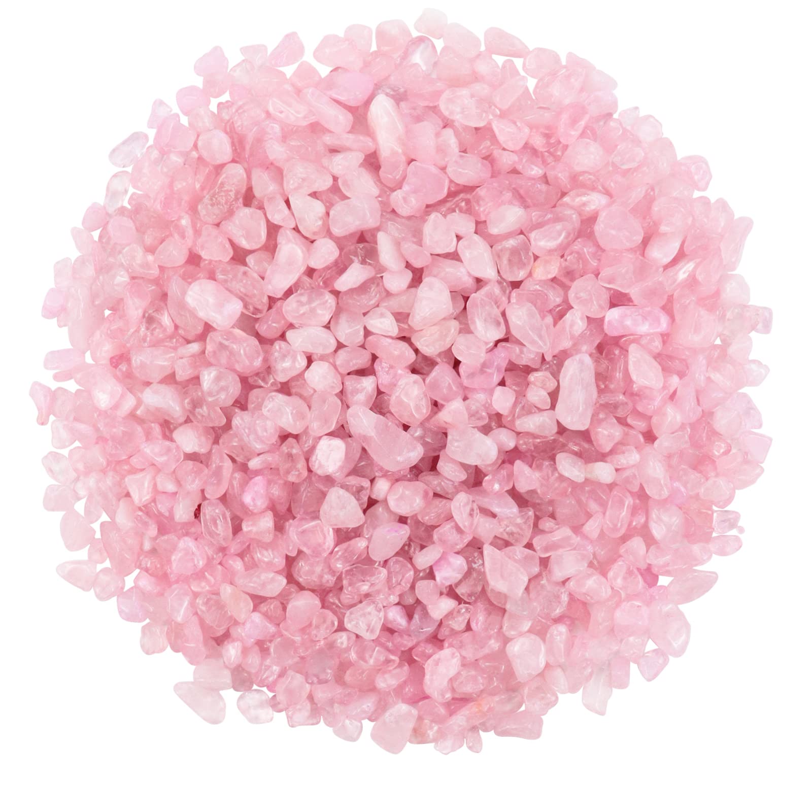 Twdrer rose pink crystal chips in a clear bowl showing natural color and texture