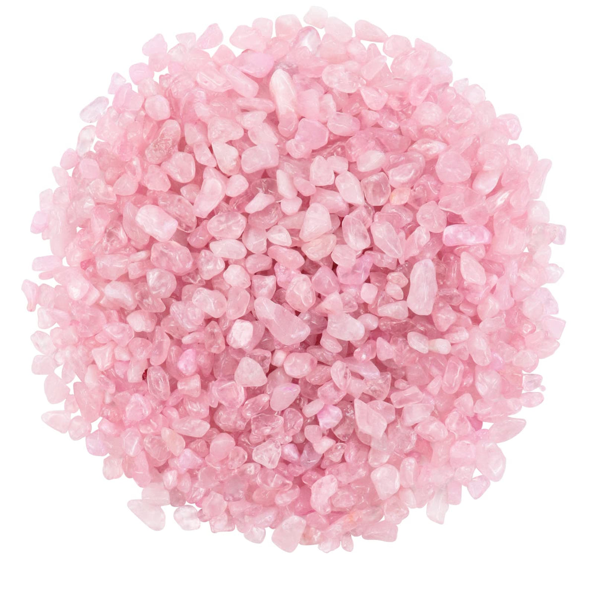 Twdrer rose pink crystal chips in a clear bowl showing natural color and texture