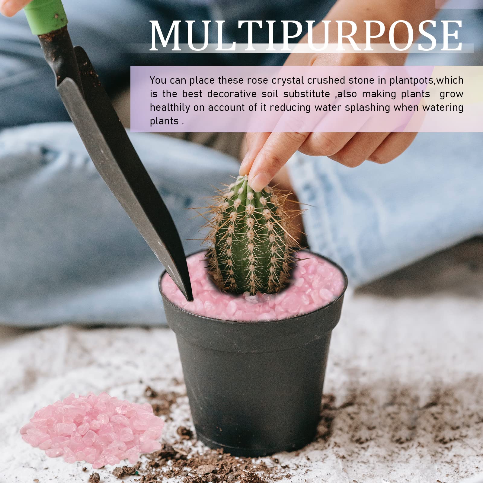 Twdrer rose pink quartz chips as decorative layer in a plant pot