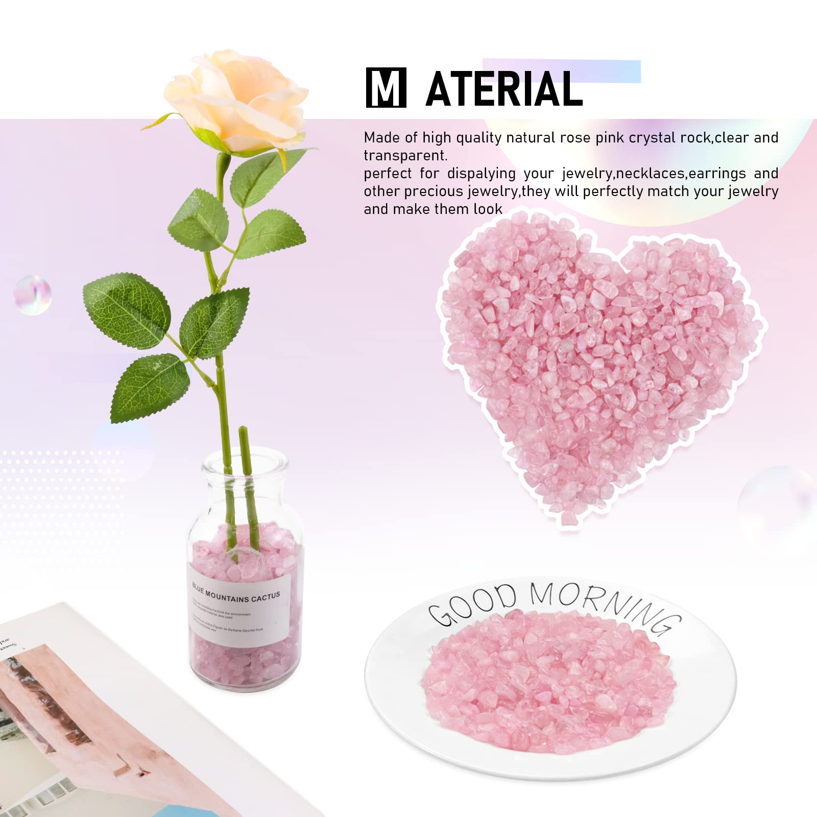 Close-up of Twdrer rose pink rose quartz tumbling chips