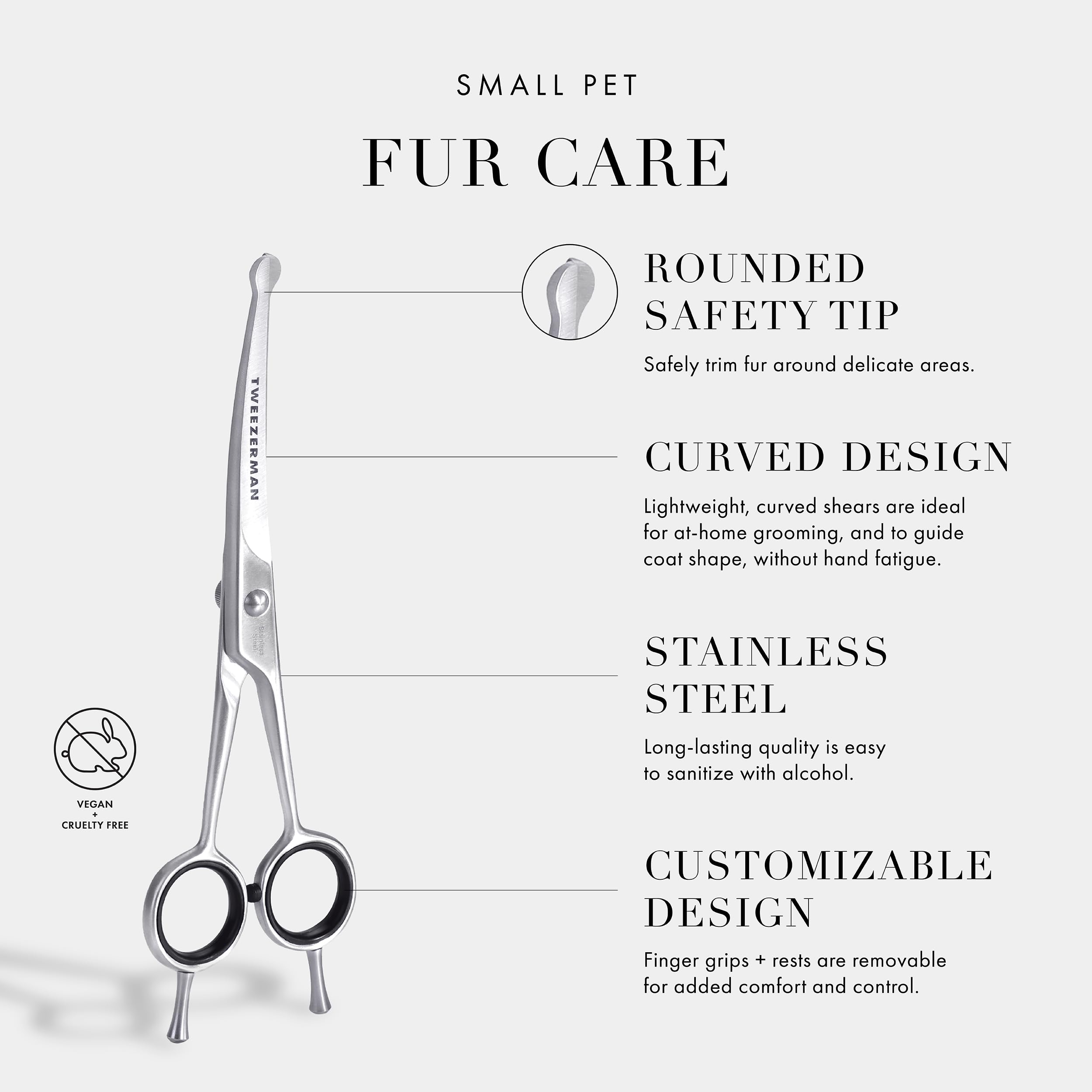 Tweezerman pet grooming scissors with removable finger rests for comfortable sessions.