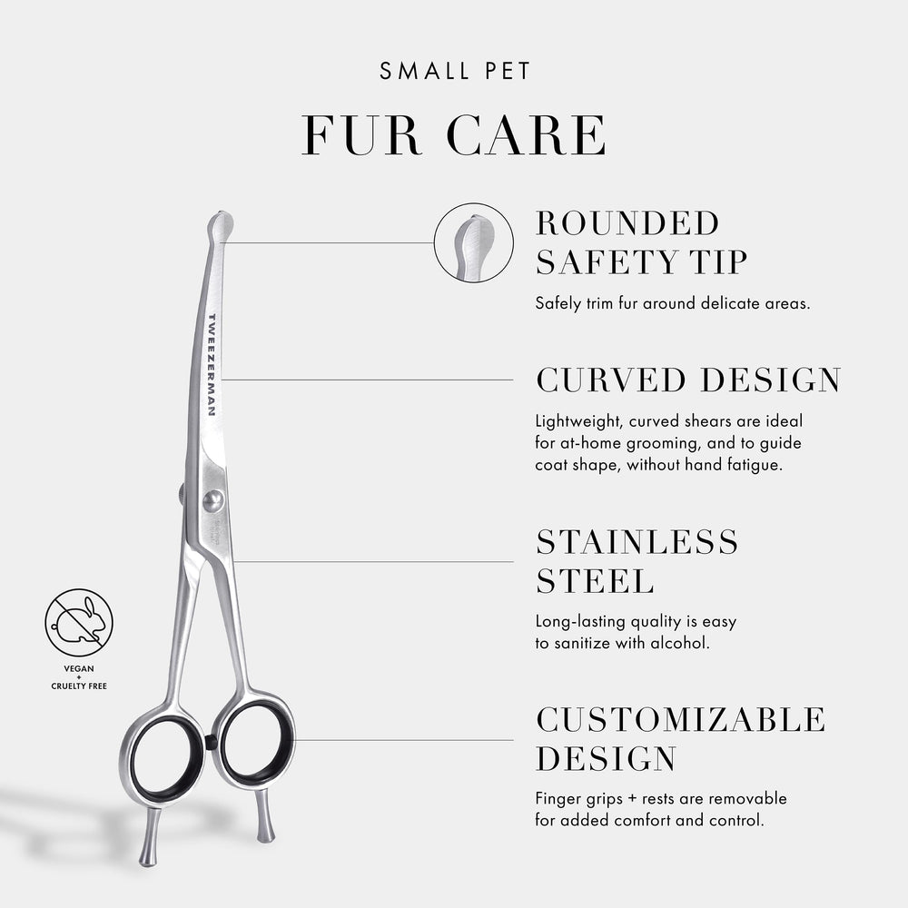 Tweezerman pet grooming scissors with removable finger rests for comfortable sessions.
