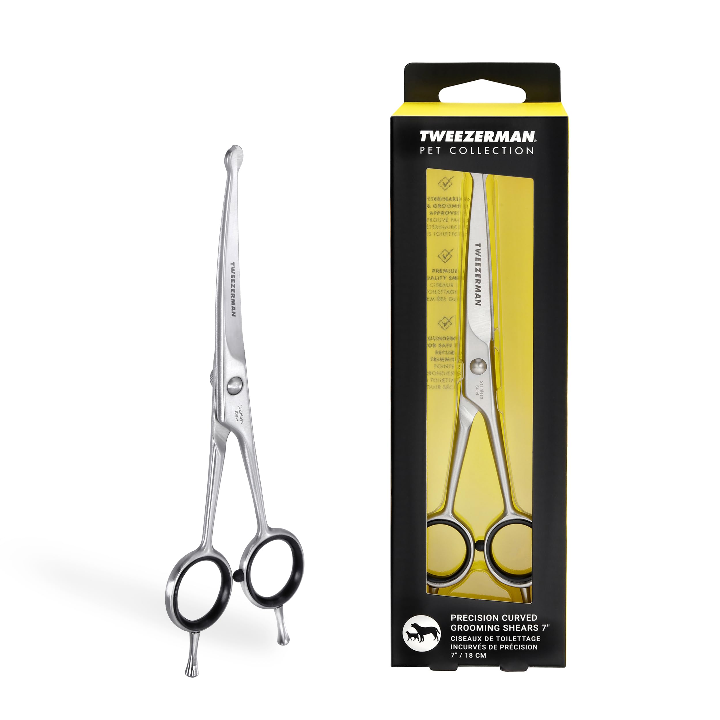 Tweezerman pet grooming scissors with rounded tips for safe eye and ear trimming.