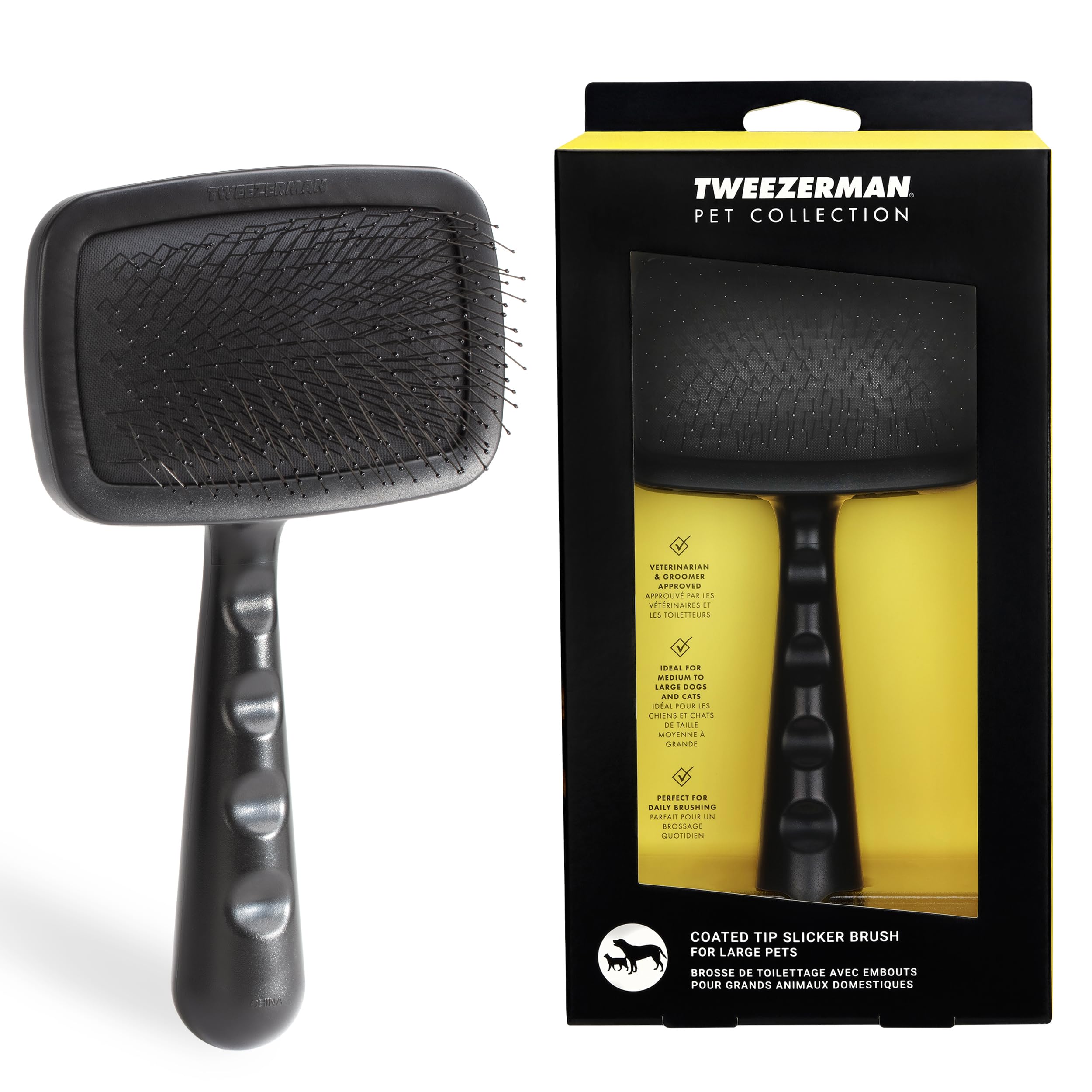 Tweezerman slicker brush for large pets targets mats and loose fur with gentle pins.