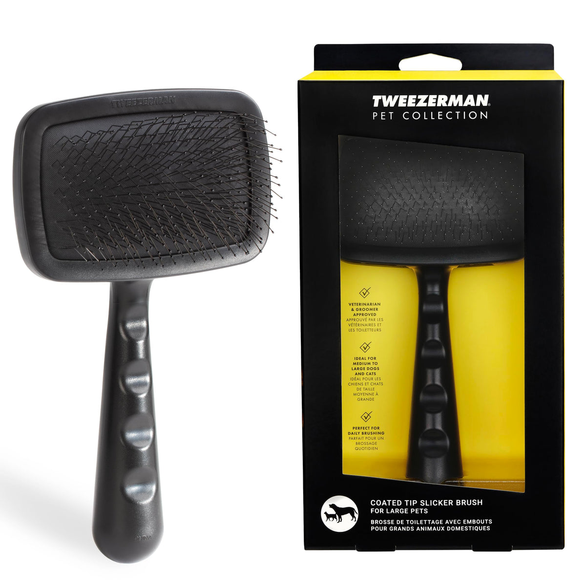Tweezerman slicker brush for large pets targets mats and loose fur with gentle pins.