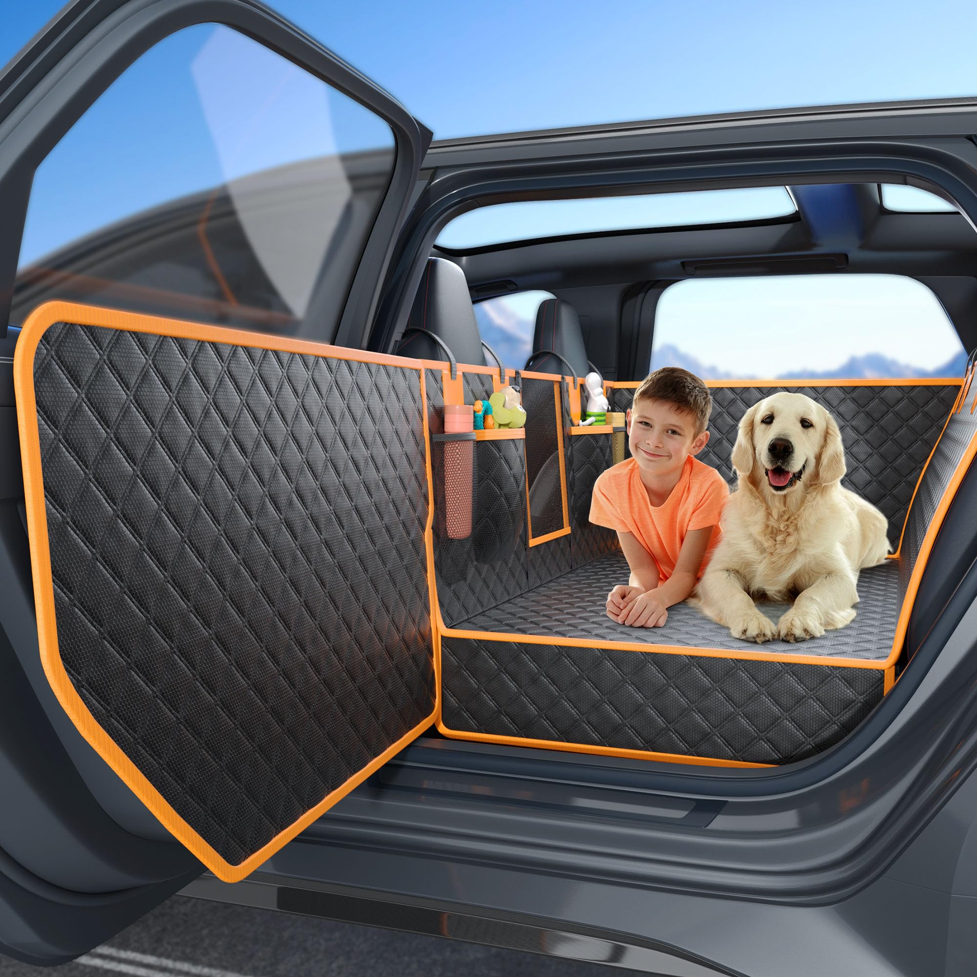 Twesync dog car seat cover back seat offers generous 63cm width for dogs to stretch.