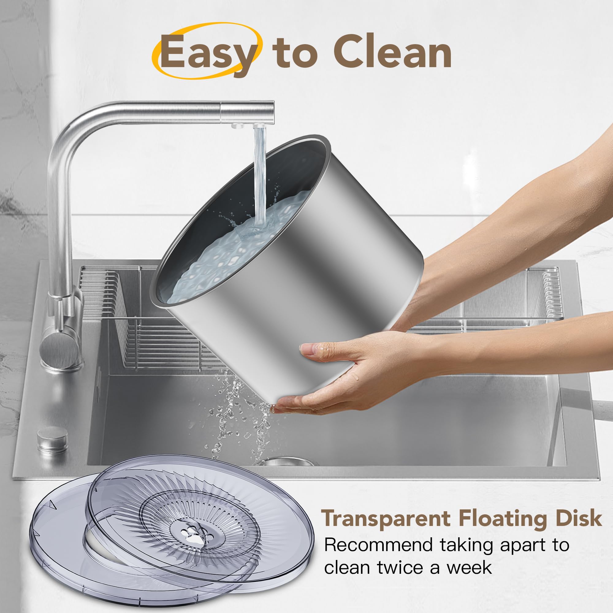 Twinsing no-spill bowl with clear disk helps check water quality.
