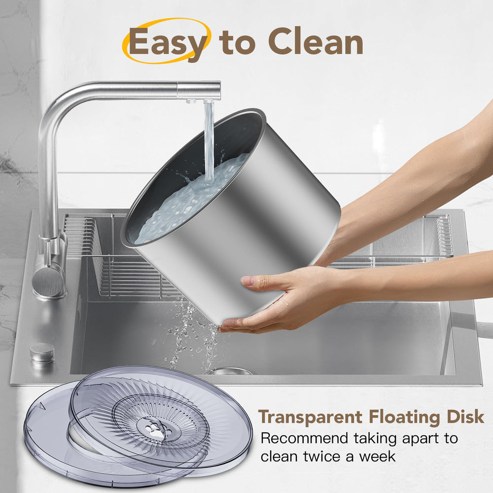 Twinsing no-spill bowl with clear disk helps check water quality.