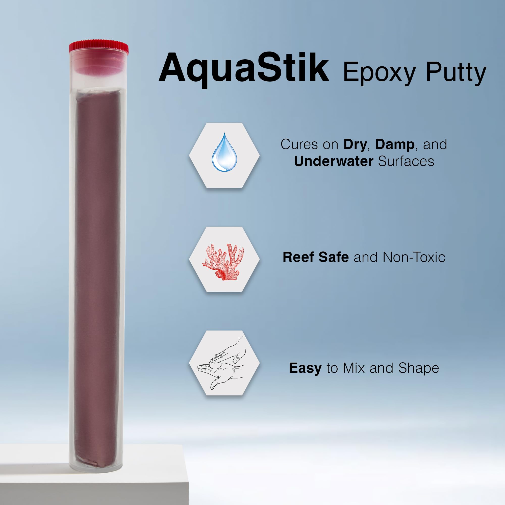 Two Little Fishies Aquastik Red Coralline Putty blends coralline color with live rock.