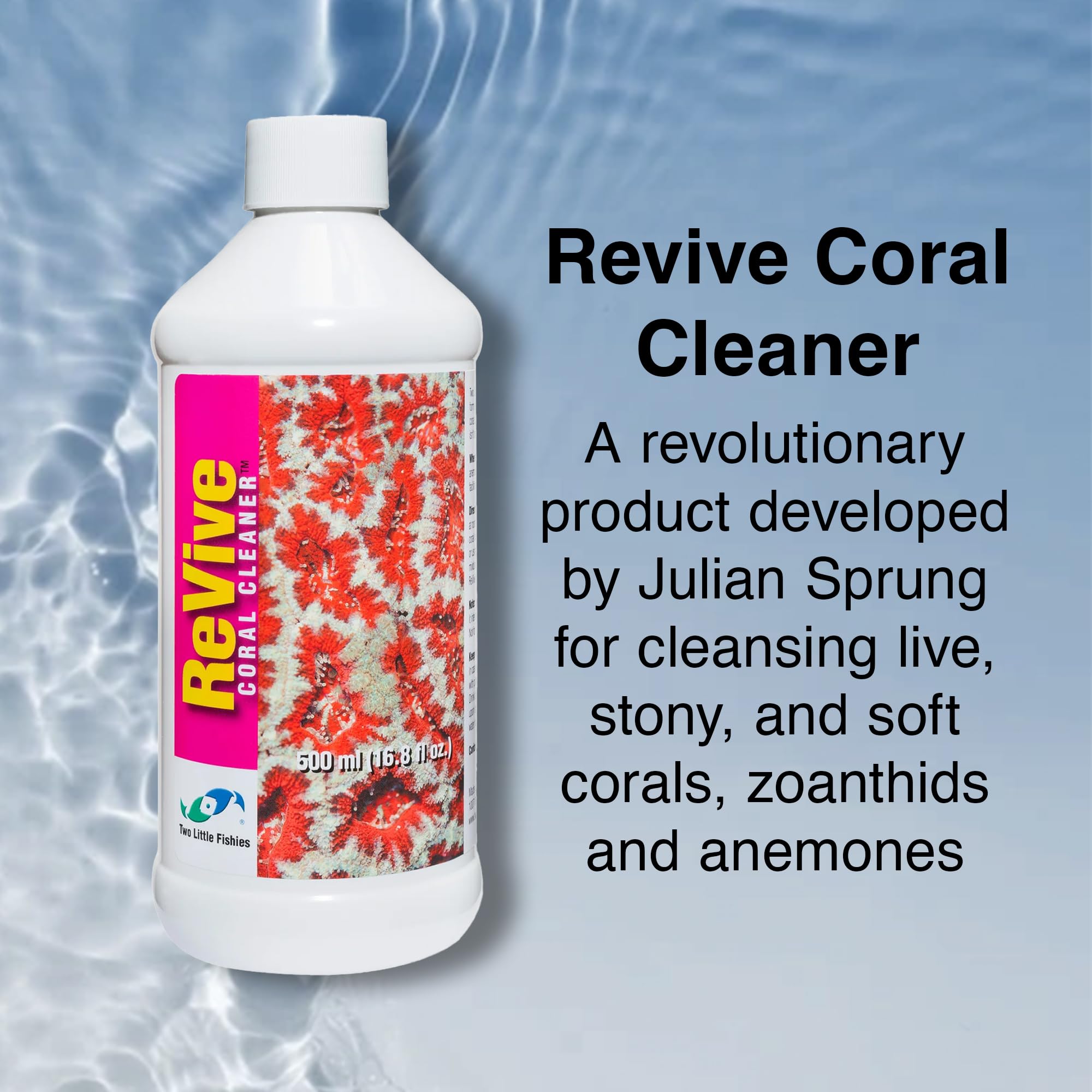 Two Little Fishies ATLRC4 Revive Coral Cleaner bottle back highlights American-made formula benefits reef health.
