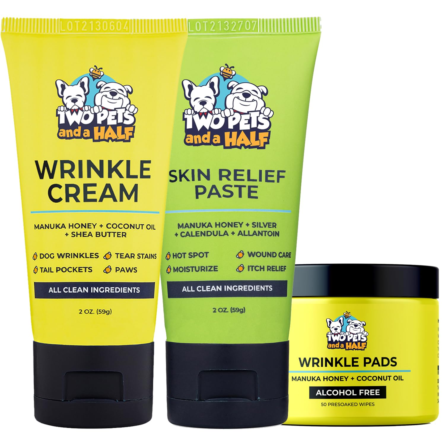 Two Pets and a Half bulldog wrinkle cream restores comfort in skin folds.