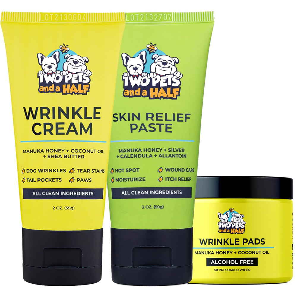 Two Pets and a Half bulldog wrinkle cream restores comfort in skin folds.