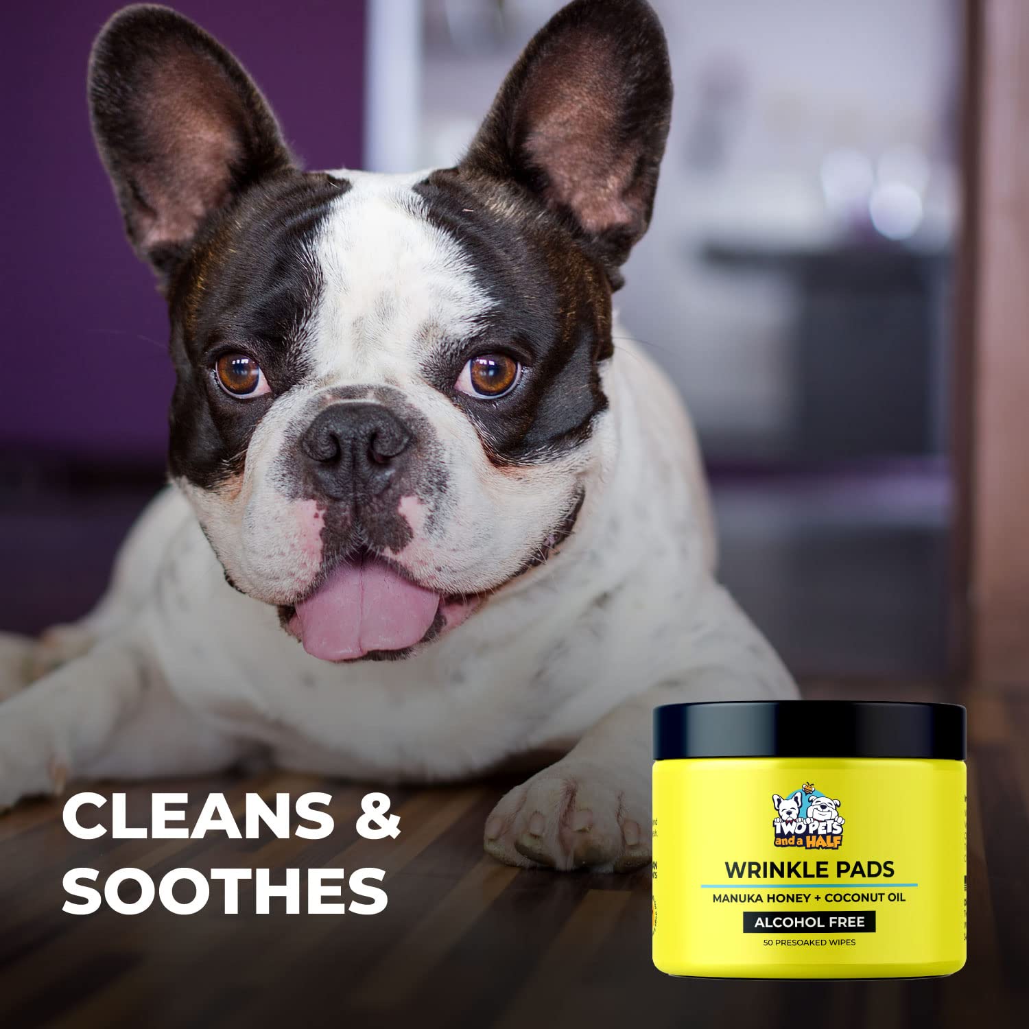 Two Pets and a Half wrinkle wipes, odor-control for bulldog folds.