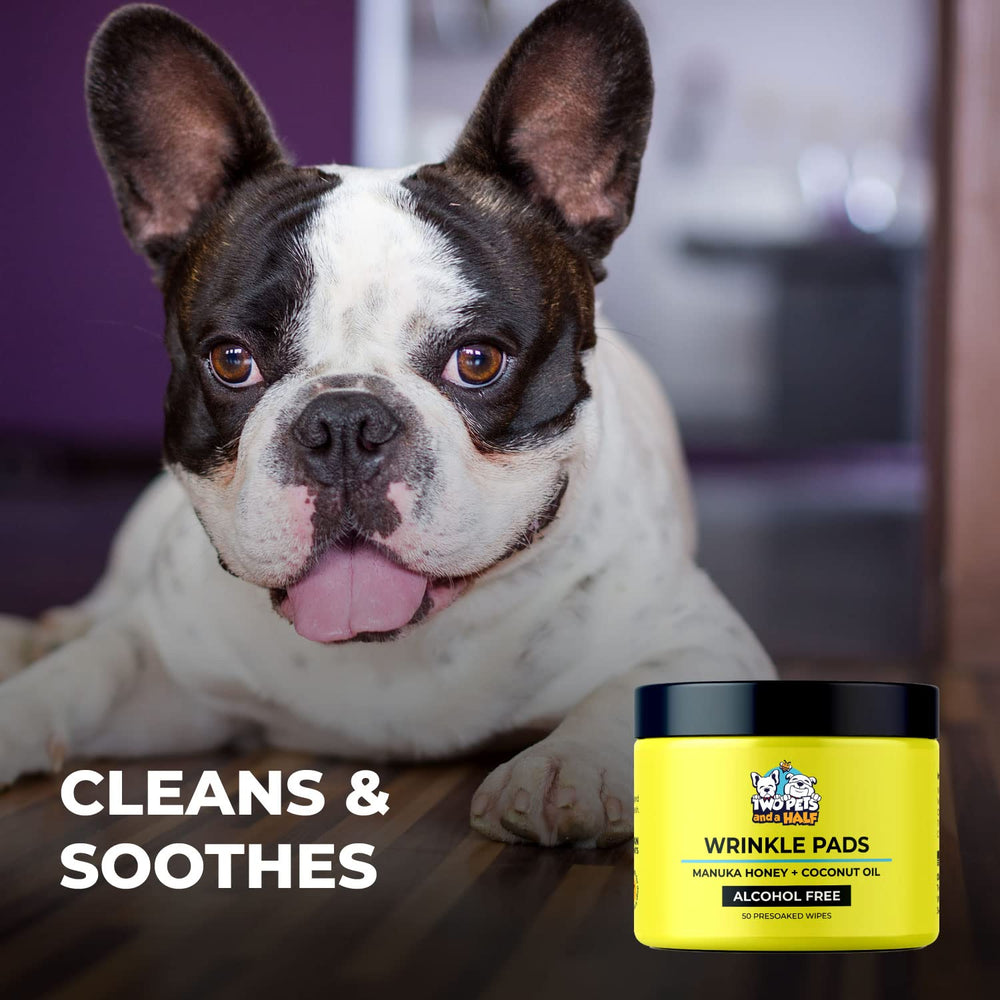 Two Pets and a Half wrinkle wipes, odor-control for bulldog folds.