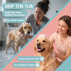 Two Tails Foaming Dog Shampoo application shows gentle massage to lift dirt.