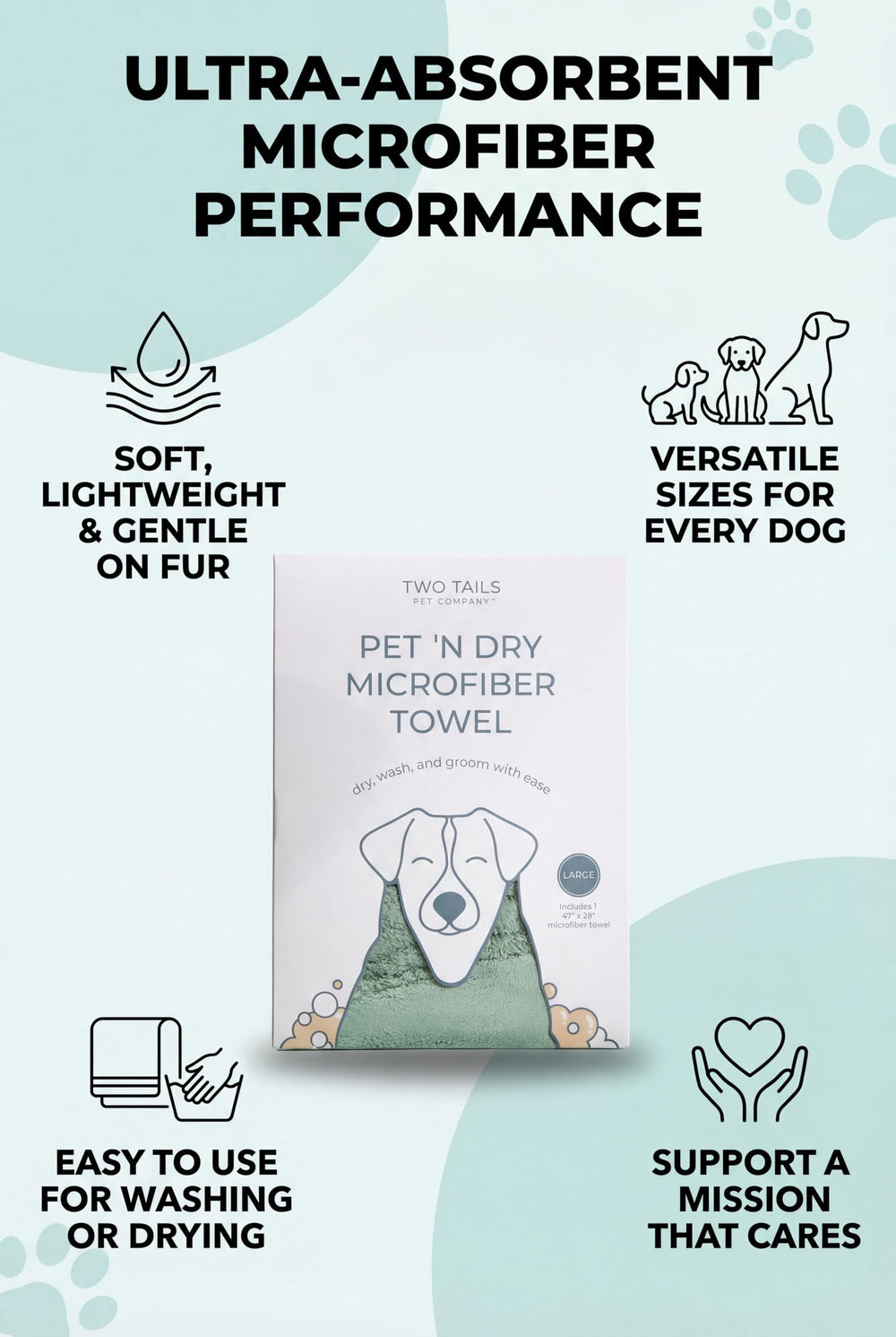 Two Tails Pet Company Pet N’ Dry soft microfiber towel for gentle coat drying.
