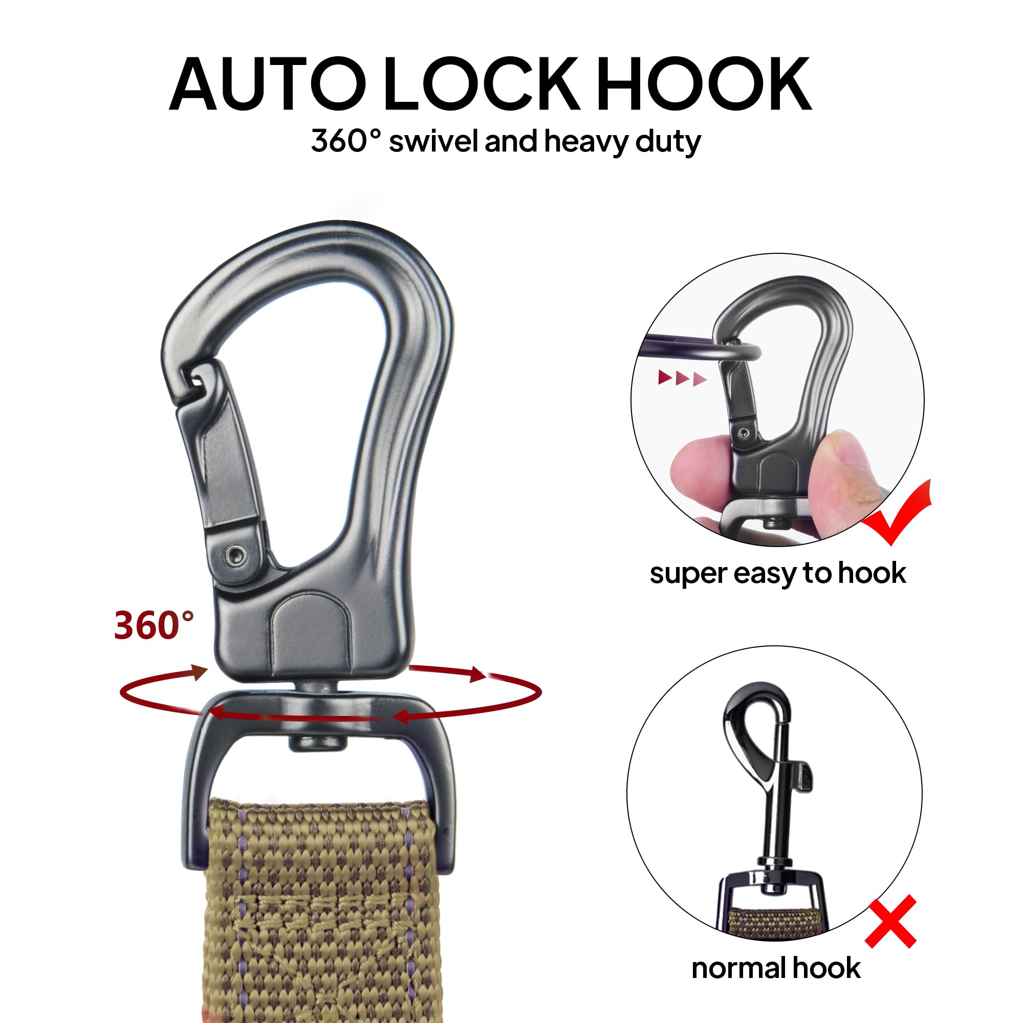 TwoEar auto lock hook with 360° rotation prevents tangling.